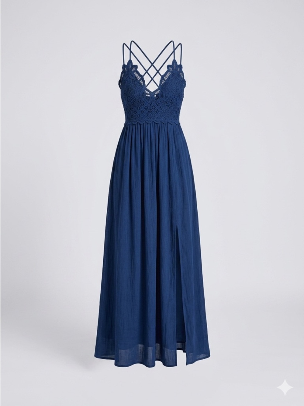 Chrysanthemum Eyelet Maxi Dress Crochet Lace Top Criss-Cross Spaghetti Straps S